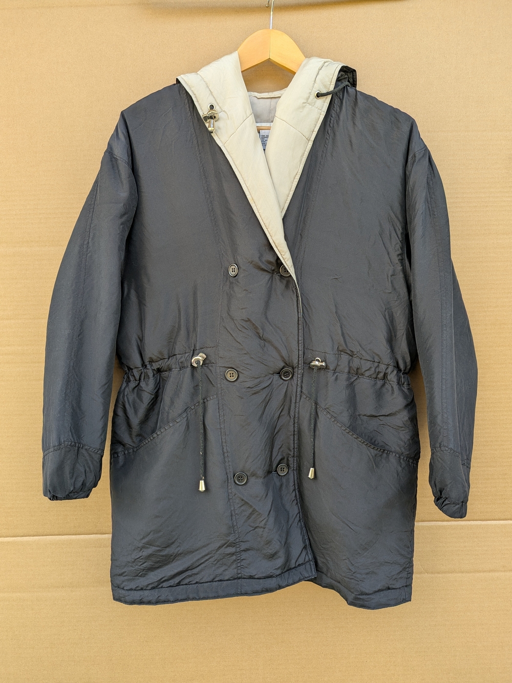 BB Dakota 100% Silk Jacket Parka Trench Hooded Small Black Pret A Porter Vintage